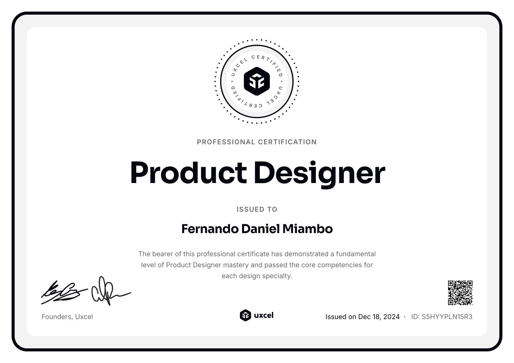 Fernando Daniel Miambo's certificate